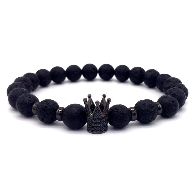 Lava Stone Pave CZ Imperial Crown And Helmet Charm Bracelets For Men & Women