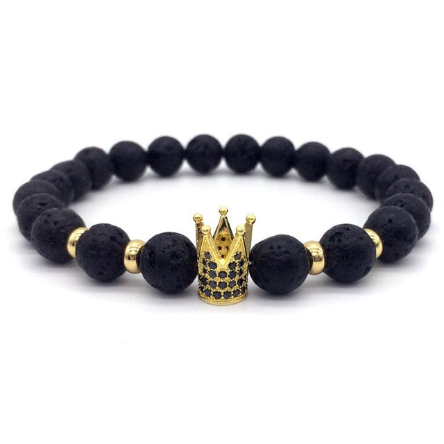 Lava Stone Pave CZ Imperial Crown And Helmet Charm Bracelets For Men & Women