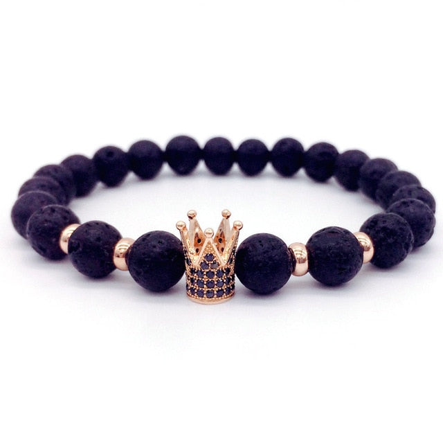 Lava Stone Pave CZ Imperial Crown And Helmet Charm Bracelets For Men & Women